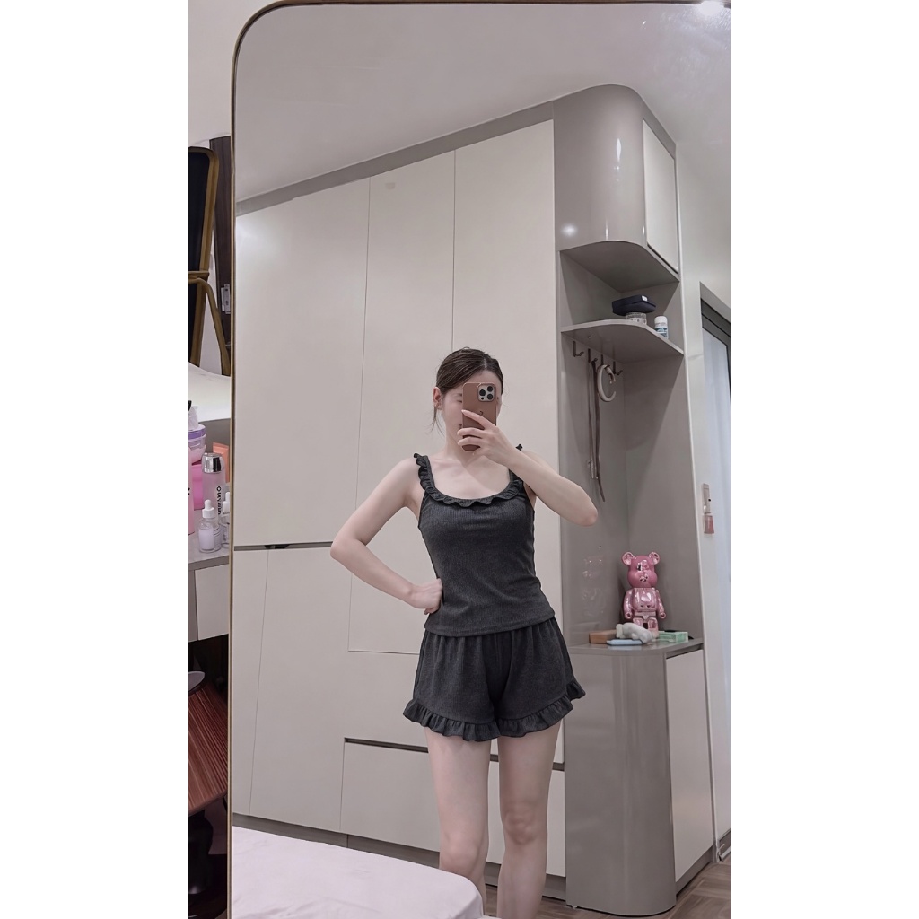 Bộ pijama nữ,Set đồ bộ mặc nhà nữ dáng đùi viền bèo phối ren ngực phong cách tiểu thư ngọt ngào HCOM27323