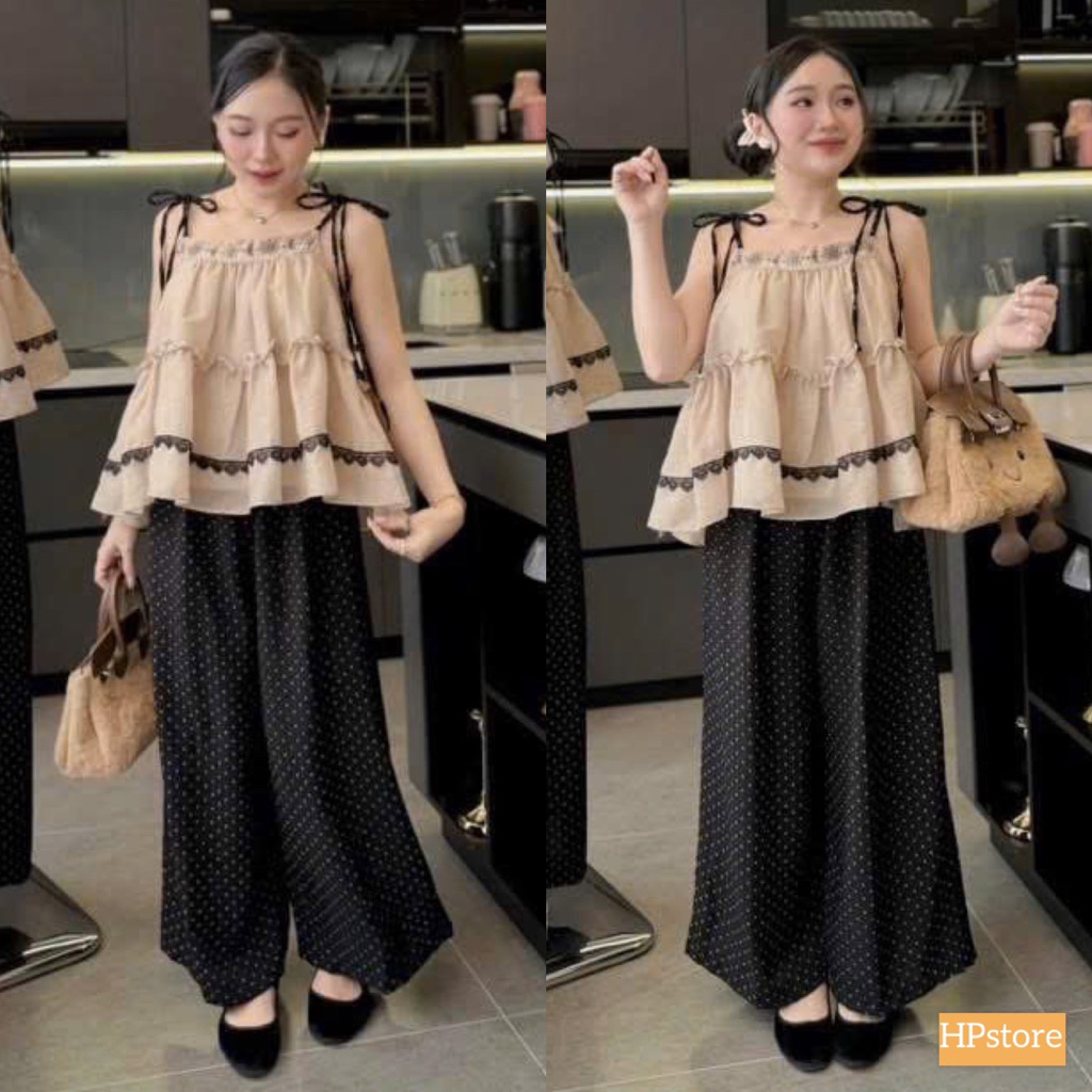 HT1- (Hoả tốc) Sét bộ đũi 2S thêu hoa dáng banydoll mix quân bi suông (38-57kg)
