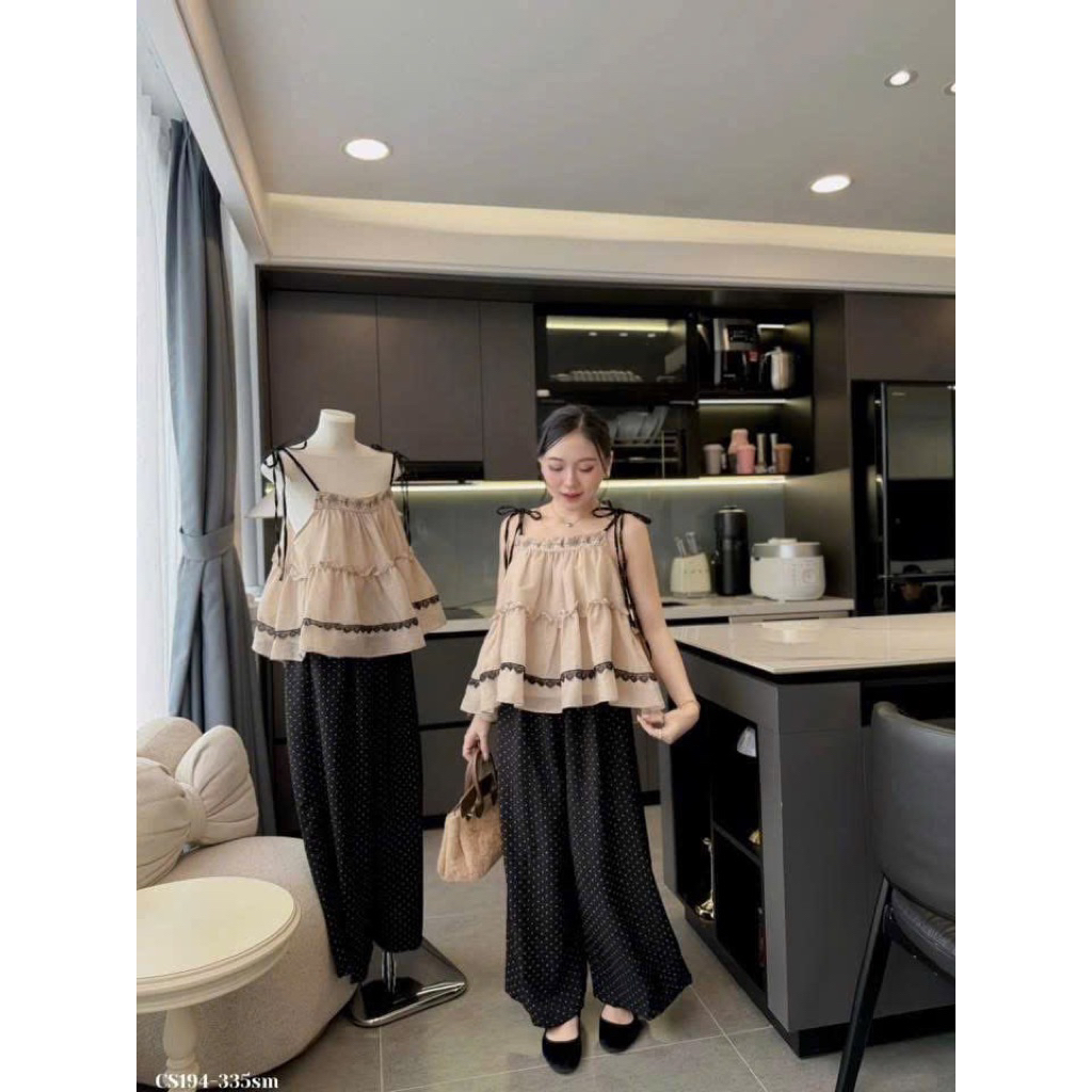 HT1- (Hoả tốc) Sét bộ đũi 2S thêu hoa dáng banydoll mix quân bi suông (38-57kg)