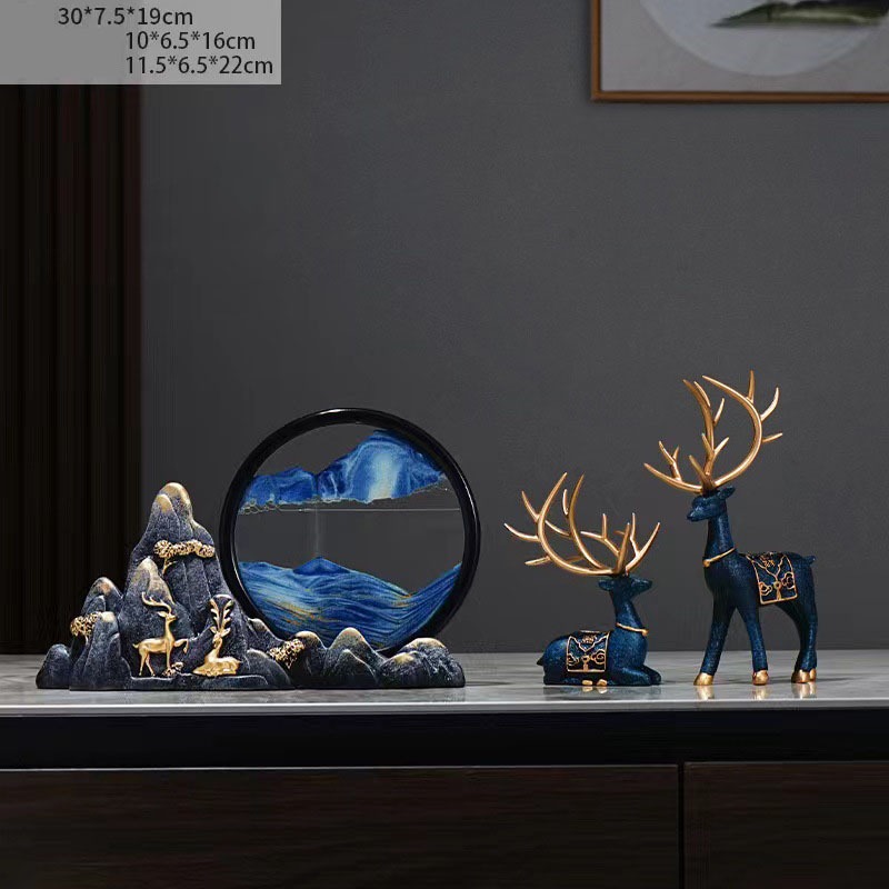 Bộ tượng hươu kèm tranh cát núi đá decor nhà cửa