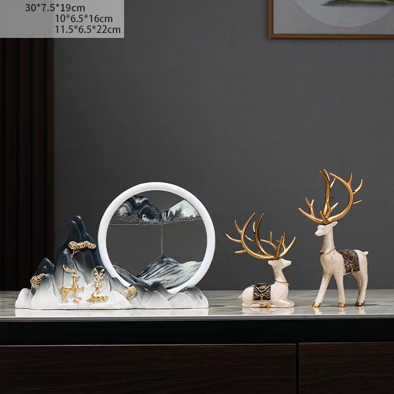 Bộ tượng hươu kèm tranh cát núi đá decor nhà cửa