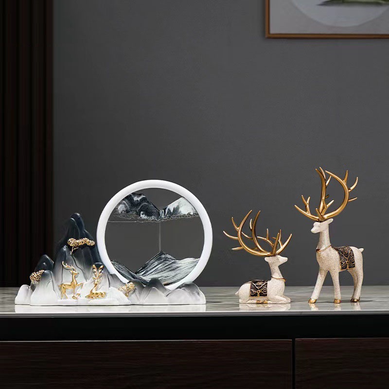 Bộ tượng hươu kèm tranh cát núi đá decor nhà cửa