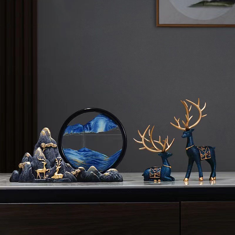 Bộ tượng hươu kèm tranh cát núi đá decor nhà cửa