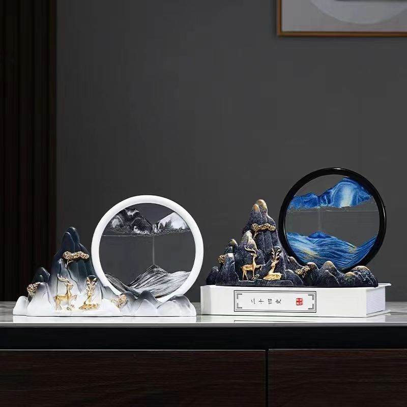 Bộ tượng hươu kèm tranh cát núi đá decor nhà cửa