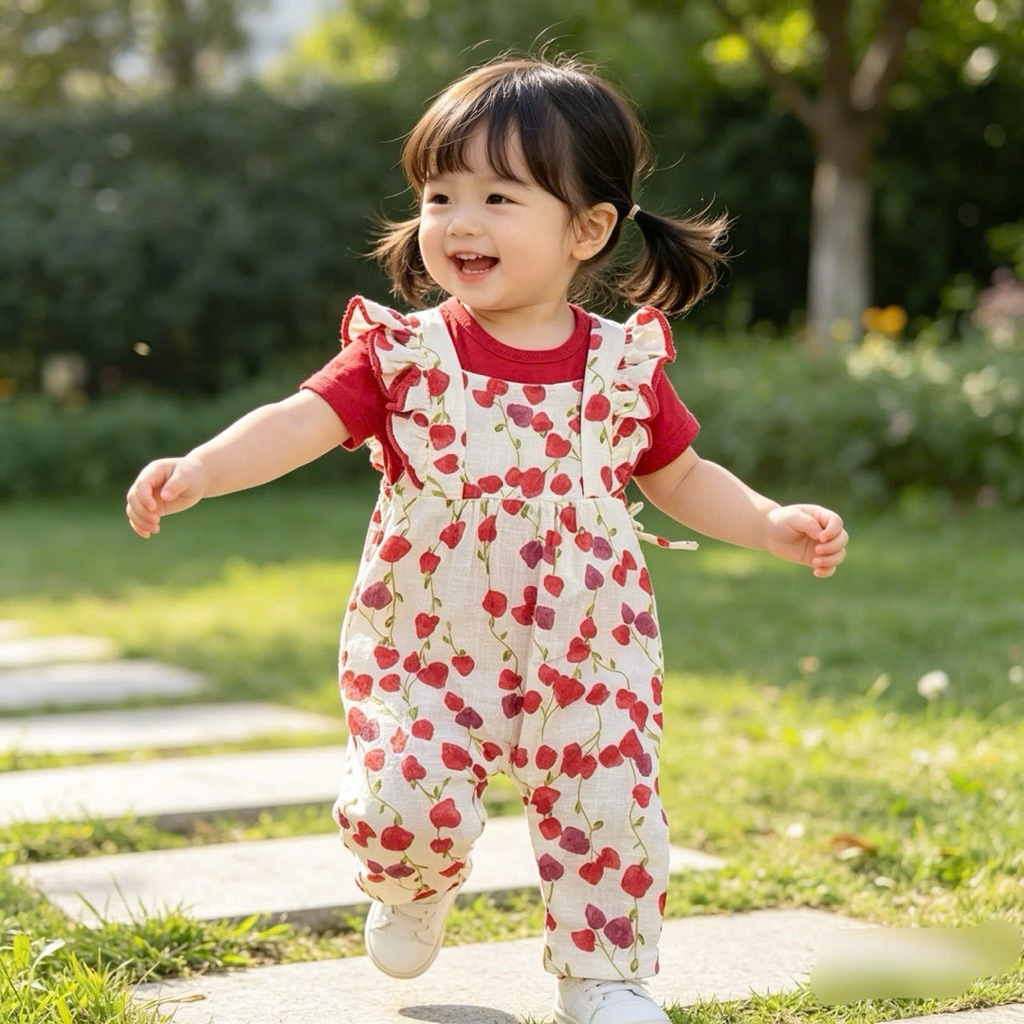 Set bộ bé gái xuất dư F0838 (3M–4Y) – yếm cánh tiên vải đũi phối áo cotton mềm mịn, đồ bé gái cao cấp