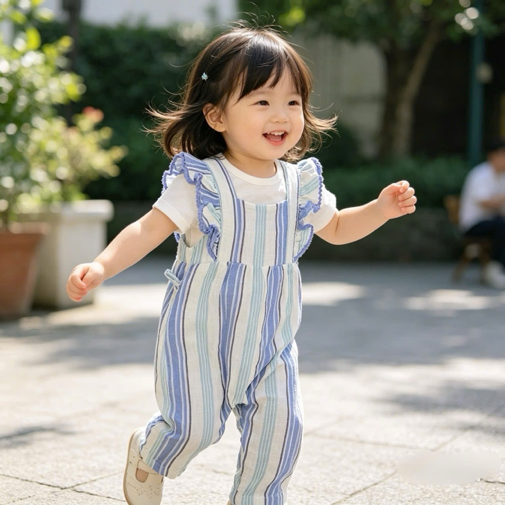 Set bộ bé gái xuất dư F0838 (3M–4Y) – yếm cánh tiên vải đũi phối áo cotton mềm mịn, đồ bé gái cao cấp