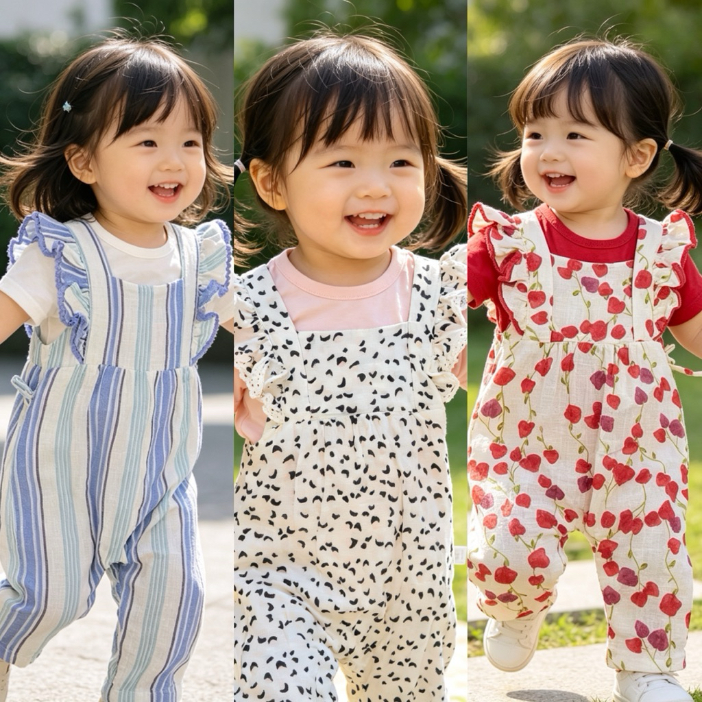 Set bộ bé gái xuất dư F0838 (3M–4Y) – yếm cánh tiên vải đũi phối áo cotton mềm mịn, đồ bé gái cao cấp