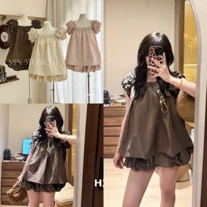 Set Bộ Đồ Nữ Gió Phồng TRơn Áo Tay Chạy Chun Vai Mix Quần Váy Bí Phồng