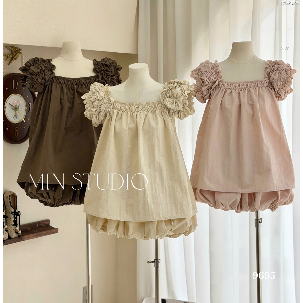 Set Bộ Đồ Nữ Gió Phồng TRơn Áo Tay Chạy Chun Vai Mix Quần Váy Bí Phồng