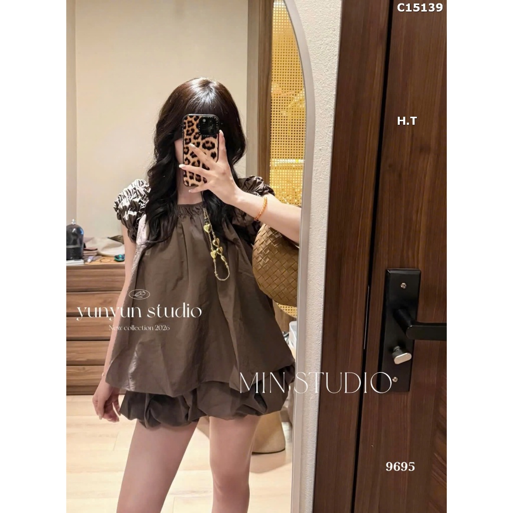 Set Bộ Đồ Nữ Gió Phồng TRơn Áo Tay Chạy Chun Vai Mix Quần Váy Bí Phồng