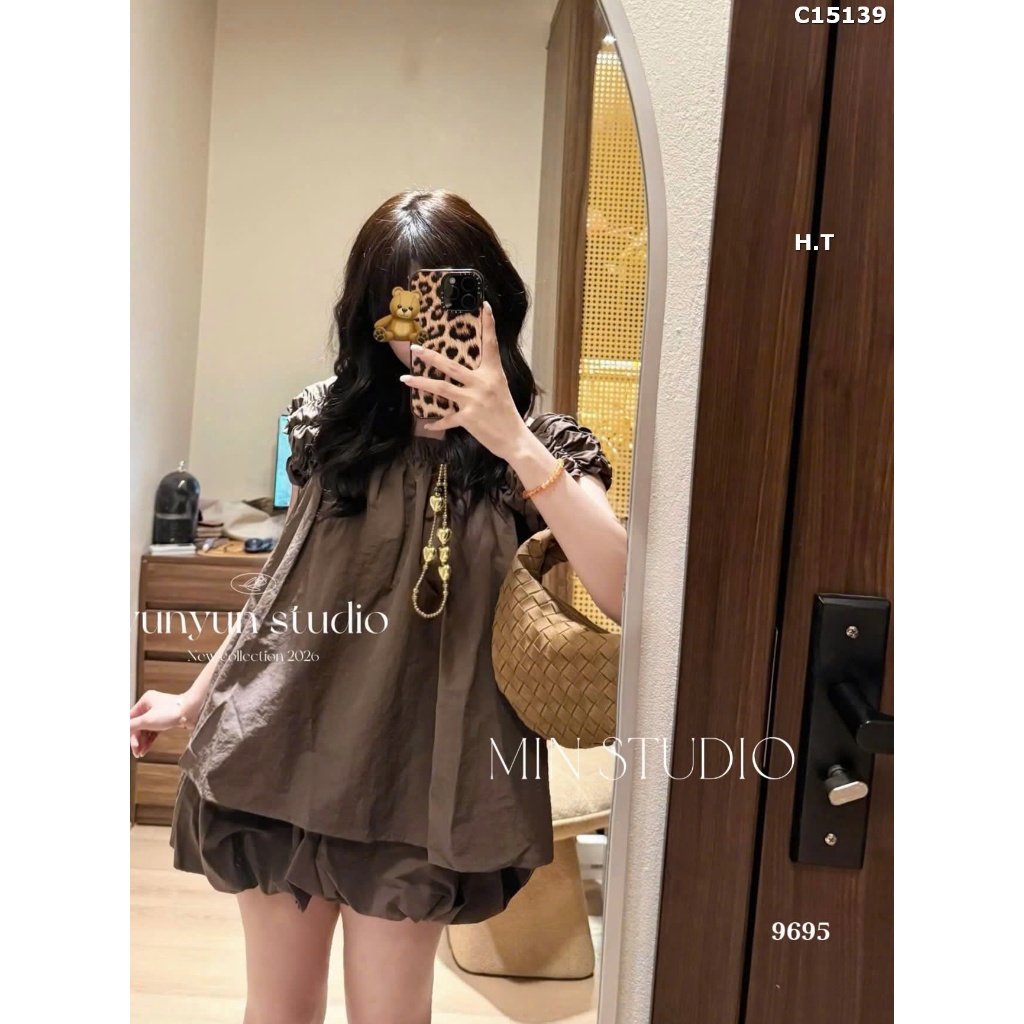 Set Bộ Đồ Nữ Gió Phồng TRơn Áo Tay Chạy Chun Vai Mix Quần Váy Bí Phồng