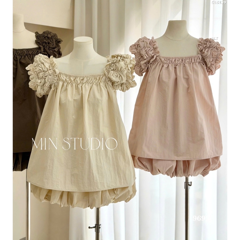 Set Bộ Đồ Nữ Gió Phồng TRơn Áo Tay Chạy Chun Vai Mix Quần Váy Bí Phồng