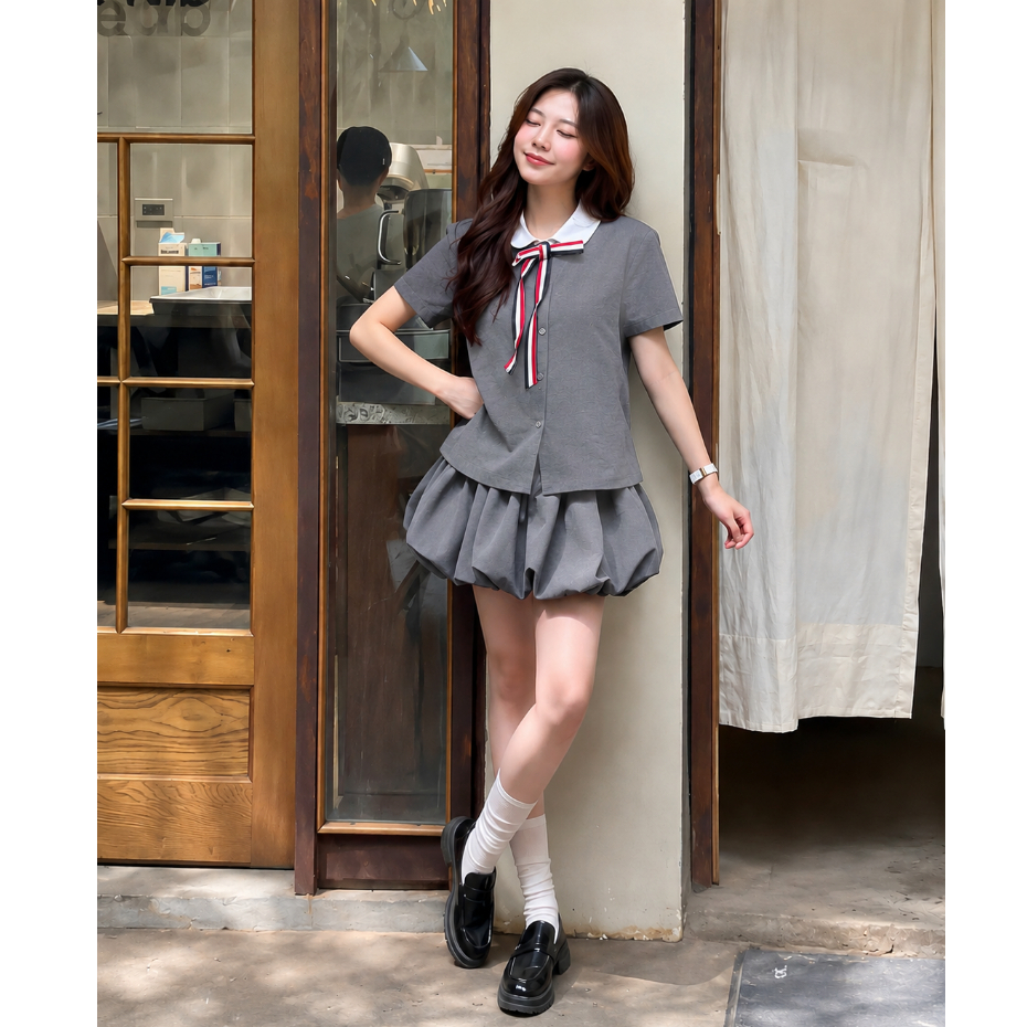 (Có Sẵn) Set Áo Sơ Mi Cổ Sen Trắng Phối Chân Váy Dáng Bí Kèm Nơ Tiểu Thư Tôn Dáng Có Quần Bảo Hộ