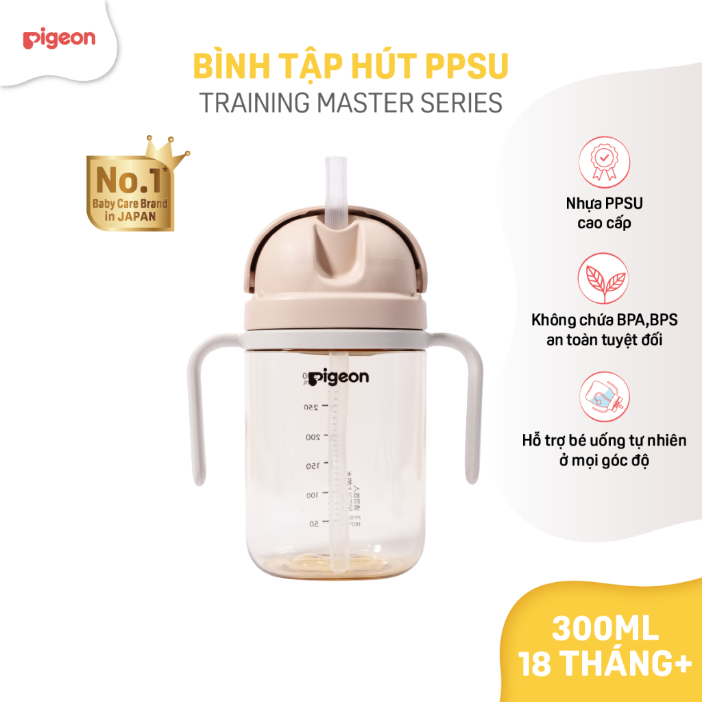 Bình tập uống nước cho bé PPSU Pigeon 300ml Training Master Series (18 tháng+) cao cấp chống sặc