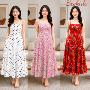 Váy Dáng Suông Nữ Chấm Bi Đi Chơi Đi Biển, Đầm 2 Dây Dáng Xòe Tôn Eo Phù Hợp Đi Chơi Đi Tiệc VD04 - BEEKIDS