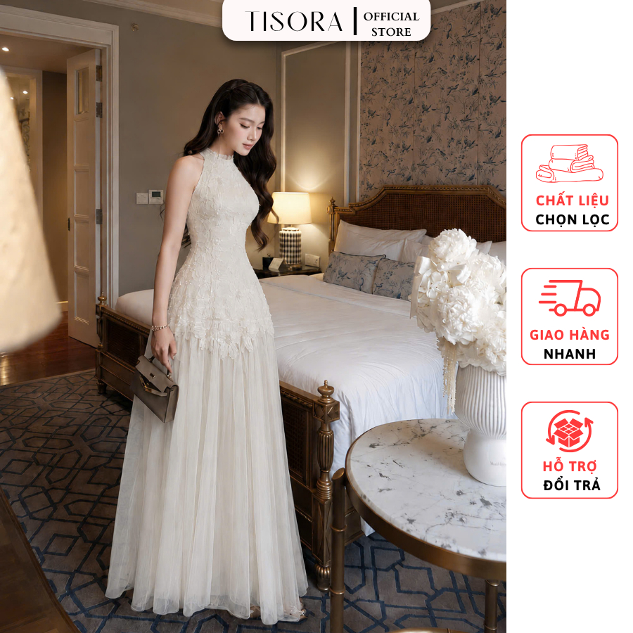 Đầm dự tiệc Tisora cổ yếm hở lưng đính kim sa kết hoa thủ công phối voan lưới
