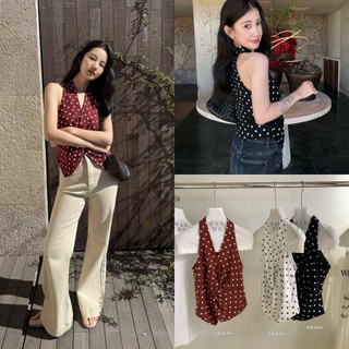 𝐏𝐡𝐢𝐞𝐧 𝐖𝐆𝐖𝐄 | (Sẵn) w9707 Áo Cổ Yếm Sát Nách Soắn Bụng Chấm Bi