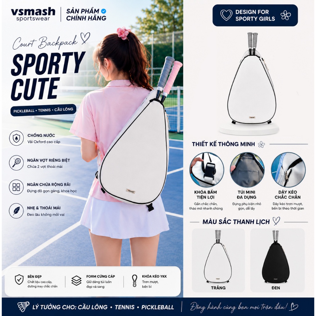 Balo Cầu Lông, Túi Tennis, Pickleball Đeo Chéo Vsmash Sportwear – Vải Oxford Cứng Cáp, Tiện Lợi, Thời Trang – Trắng, Đen