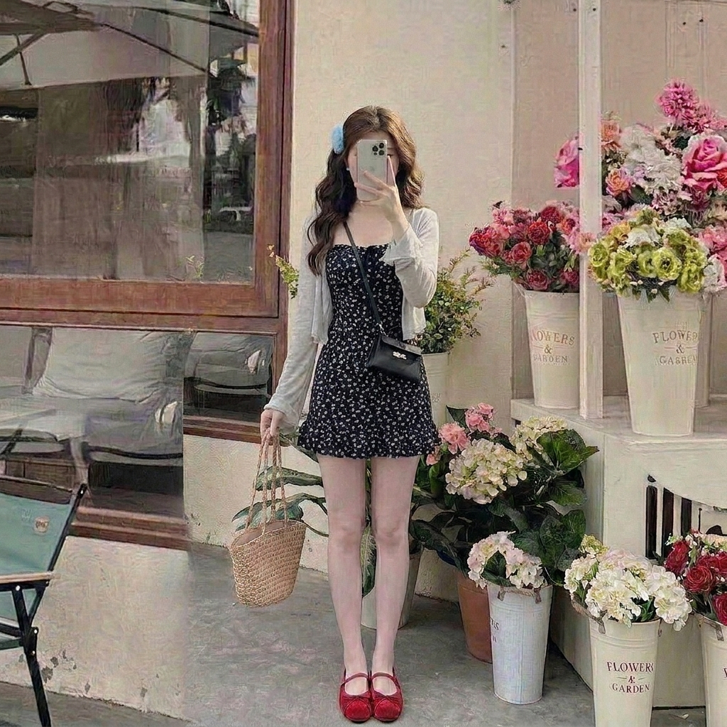 Set váy ngắn hai mảnh rời họa tiết tim nhí đen trắng đầm ôm xòe bèo tầng và áo khoác mỏng HCOM27298