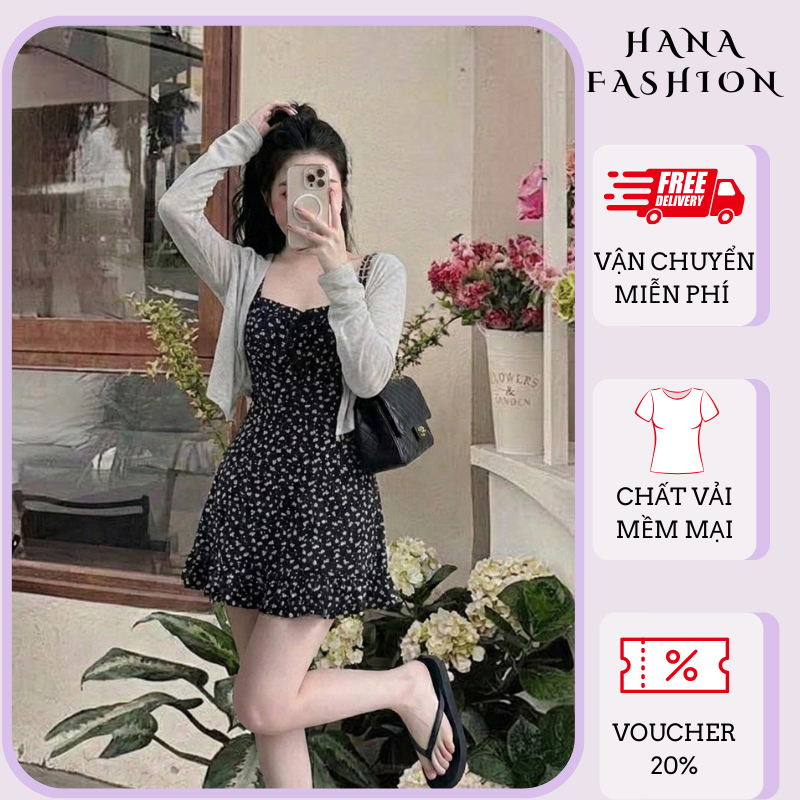 Set váy ngắn hai mảnh rời họa tiết tim nhí đen trắng đầm ôm xòe bèo tầng và áo khoác mỏng HCOM27298