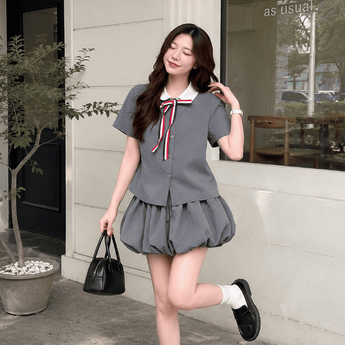 (Có Sẵn) Set Áo Sơ Mi Cổ Sen Trắng Phối Chân Váy Dáng Bí Kèm Nơ Tiểu Thư Tôn Dáng Có Quần Bảo Hộ
