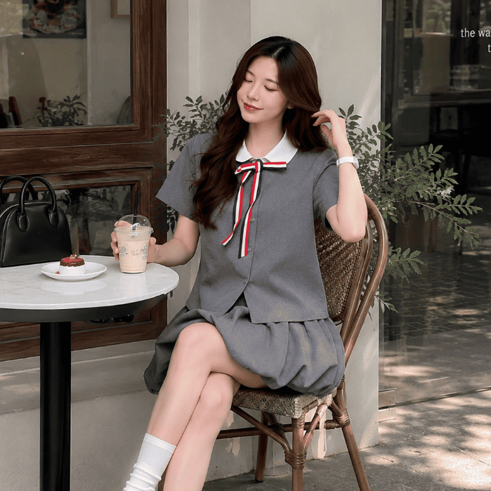 (Có Sẵn) Set Áo Sơ Mi Cổ Sen Trắng Phối Chân Váy Dáng Bí Kèm Nơ Tiểu Thư Tôn Dáng Có Quần Bảo Hộ