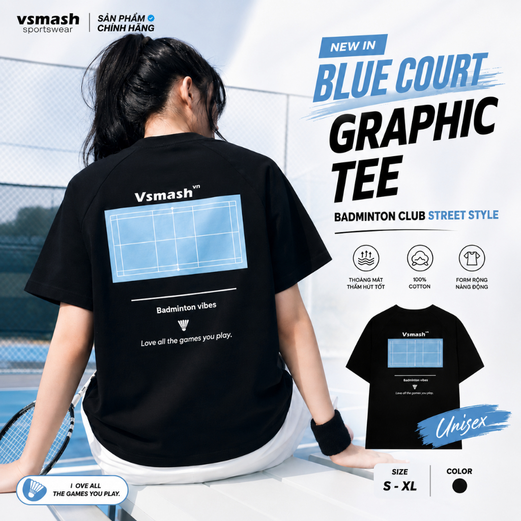 Áo Thun Cầu Lông Unisex Vsmash Sportwear–In lụa "Blue Court" – Vải Bông Em Bé Mềm Mịn Cao Cấp, Thoáng Mát, Thấm hút tốt