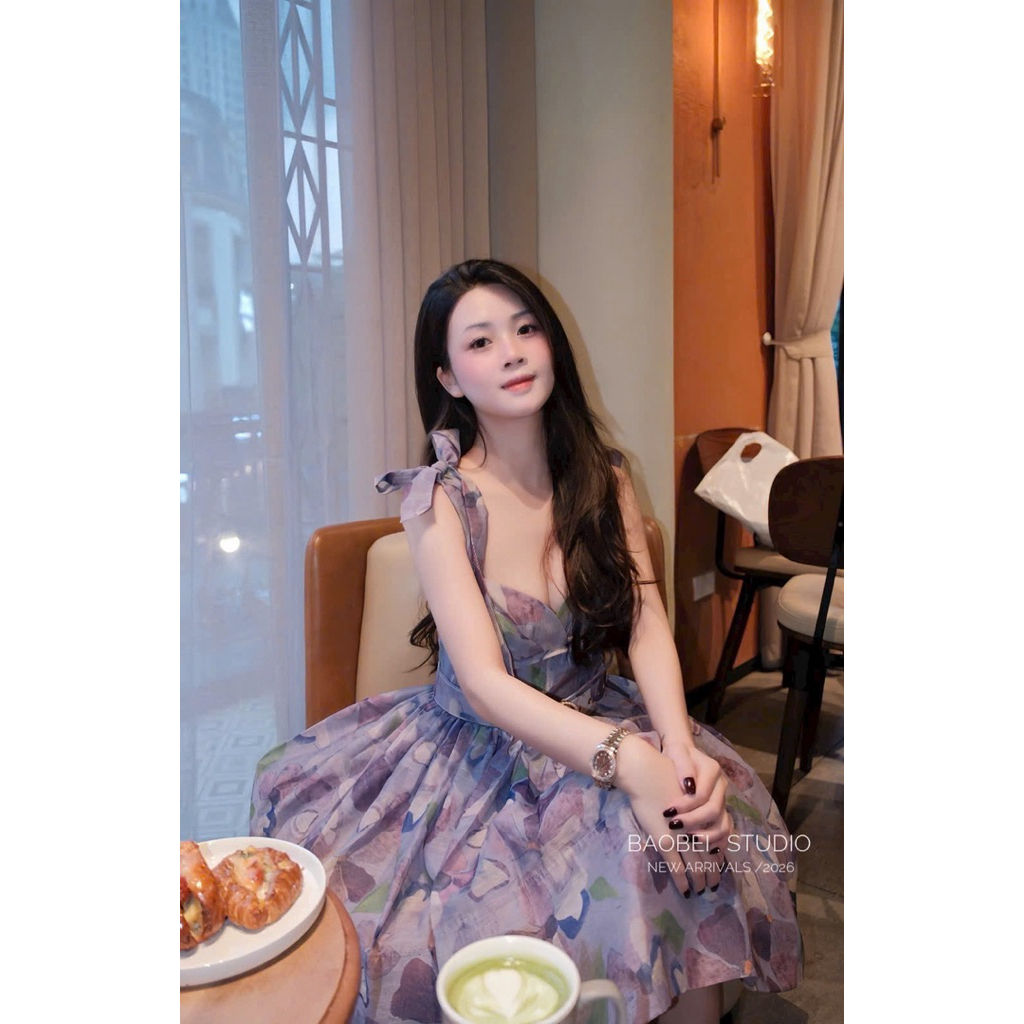 Đầm cúp ngực ZMM hoa thắt nơ vai kèm đai