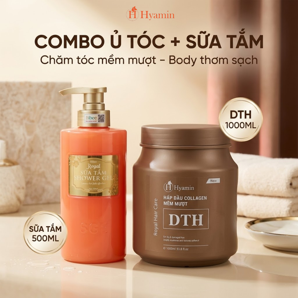 Combo chăm sóc tóc và cơ thể Hyamin hấp dầu Collagen DTH 1000ml xịt đạm phục hồi khô xơ 300ml