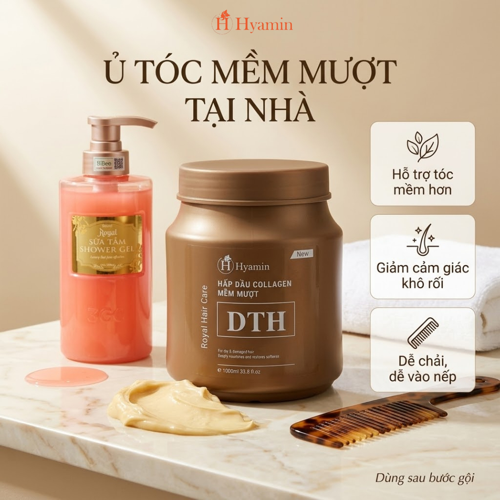 Combo chăm sóc tóc và cơ thể Hyamin hấp dầu Collagen DTH 1000ml xịt đạm phục hồi khô xơ 300ml