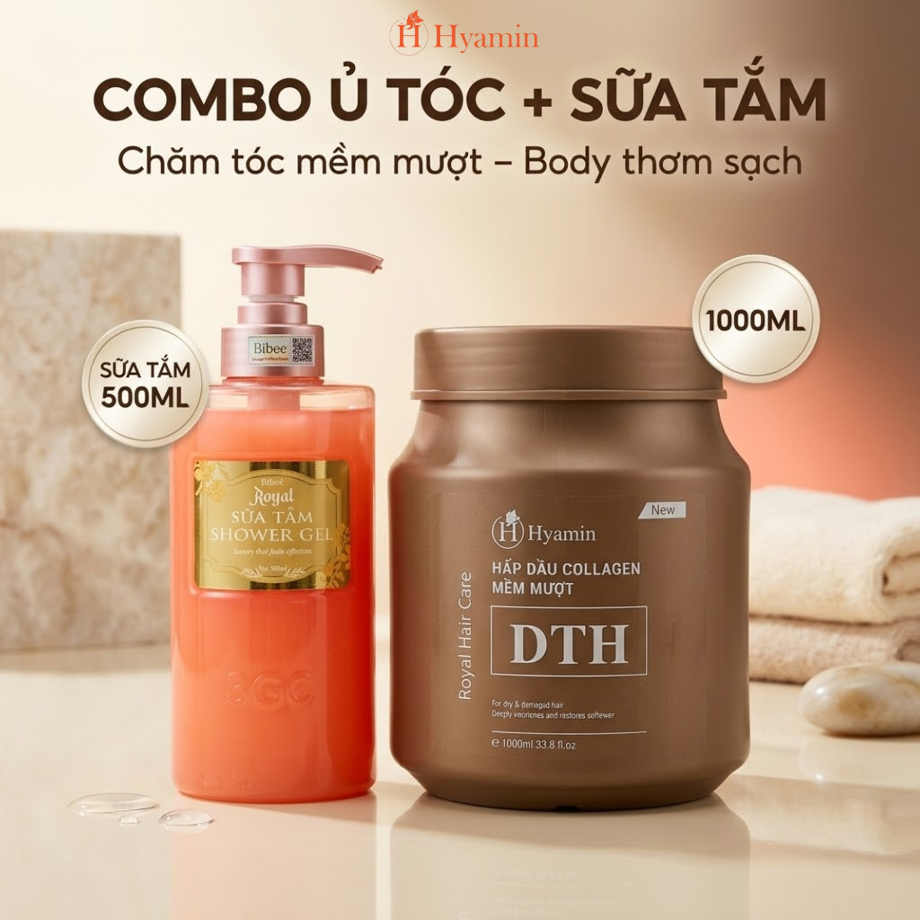 Combo chăm sóc tóc và cơ thể Hyamin hấp dầu Collagen DTH 1000ml xịt đạm phục hồi khô xơ 300ml