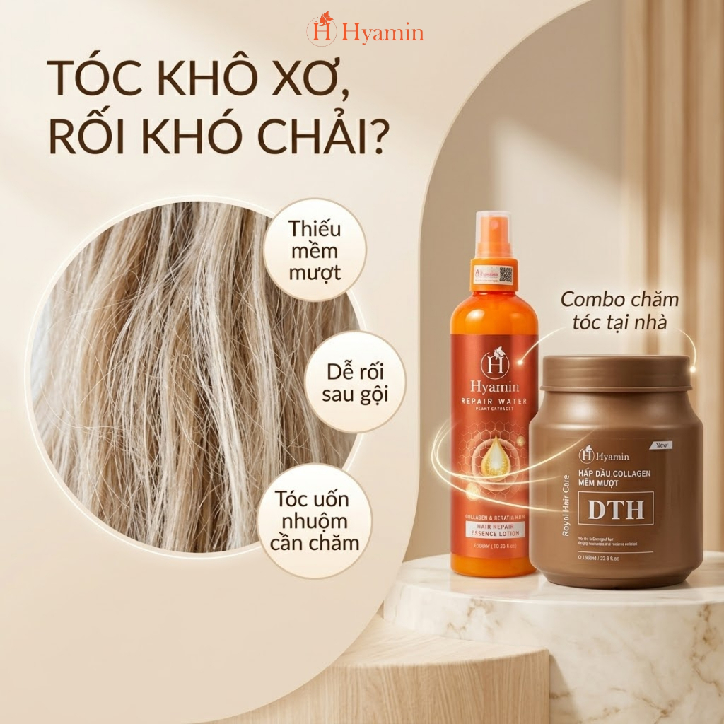 Combo chăm sóc tóc và cơ thể Hyamin hấp dầu Collagen DTH 1000ml xịt đạm phục hồi khô xơ 300ml