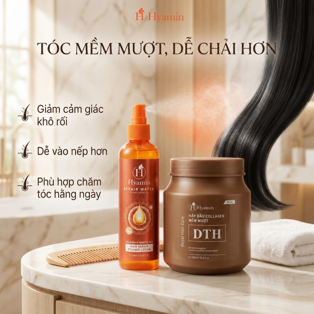 Combo chăm sóc tóc và cơ thể Hyamin hấp dầu Collagen DTH 1000ml xịt đạm phục hồi khô xơ 300ml