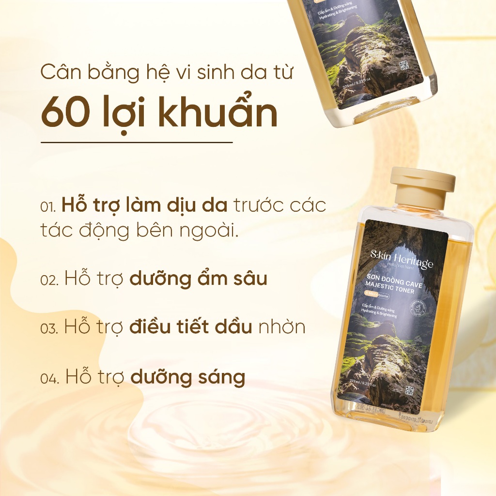 Toner cấp ẩm Sơn Đoòng dưỡng ẩm và hỗ trợ dưỡng sáng cho da dầu mụn, nhạy cảm Skin Heritage Sử dụng 60 Lợi Khuẩn 273ml