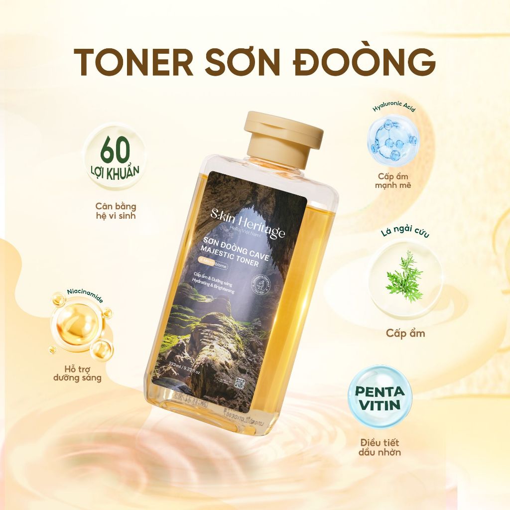Toner cấp ẩm Sơn Đoòng dưỡng ẩm và hỗ trợ dưỡng sáng cho da dầu mụn, nhạy cảm Skin Heritage Sử dụng 60 Lợi Khuẩn 273ml