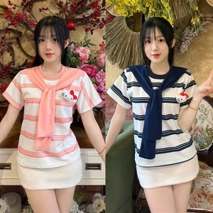 Áo Thun Nữ Kẻ Viền To Quàng Khăn Cổ Đáng Yêu Chất Thun Cotton Mềm Co Dãn