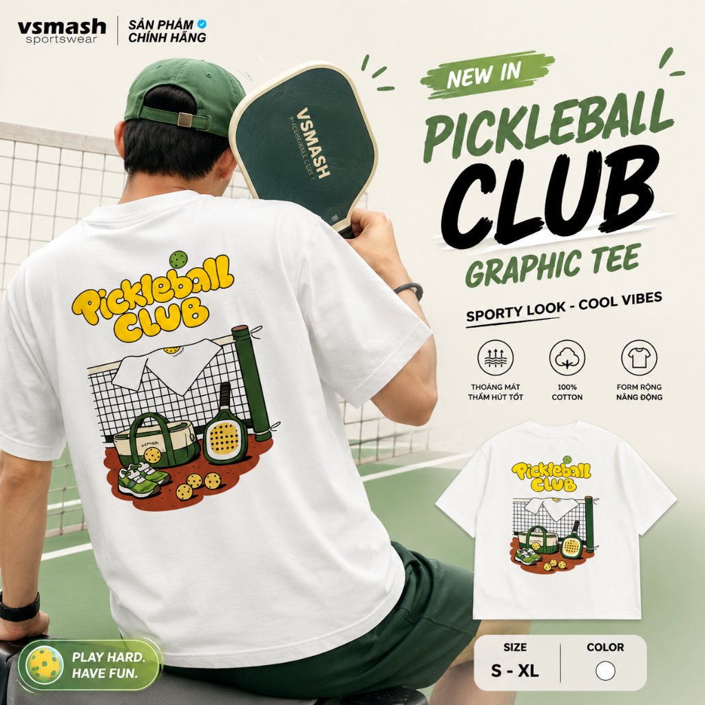 Áo Thun Cầu Lông Nam Nữ Vsmash Sportwear Graphic "Pickleball CLUB" – Vải Bông Em Bé Mềm Mịn, Thoáng Mát, Thấm hút tốt