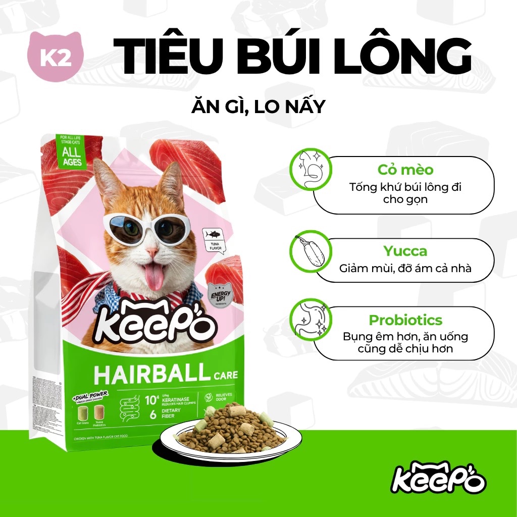 Hạt cho mèo Keepo K2 Gói 1KG Tiêu & Giảm búi lông, Khử mùi hôi chất thải, Tiêu hóa khỏe