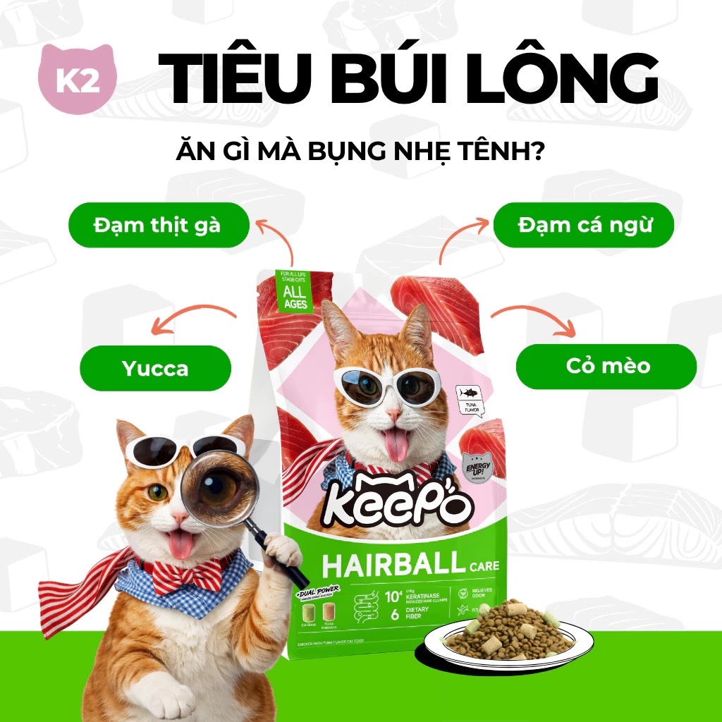 Hạt cho mèo Keepo K2 Gói 1KG Tiêu & Giảm búi lông, Khử mùi hôi chất thải, Tiêu hóa khỏe