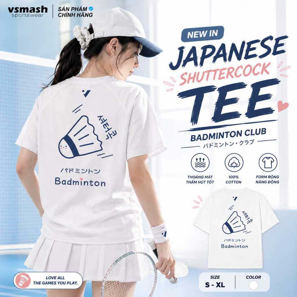Áo Thun Cầu Lông Unisex Vsmash Sportwear – In lụa "JAPANESE SHUTTERCOCK" – Vải Bông Em Bé Mềm Mịn, Thoáng Mát,Thấm hút