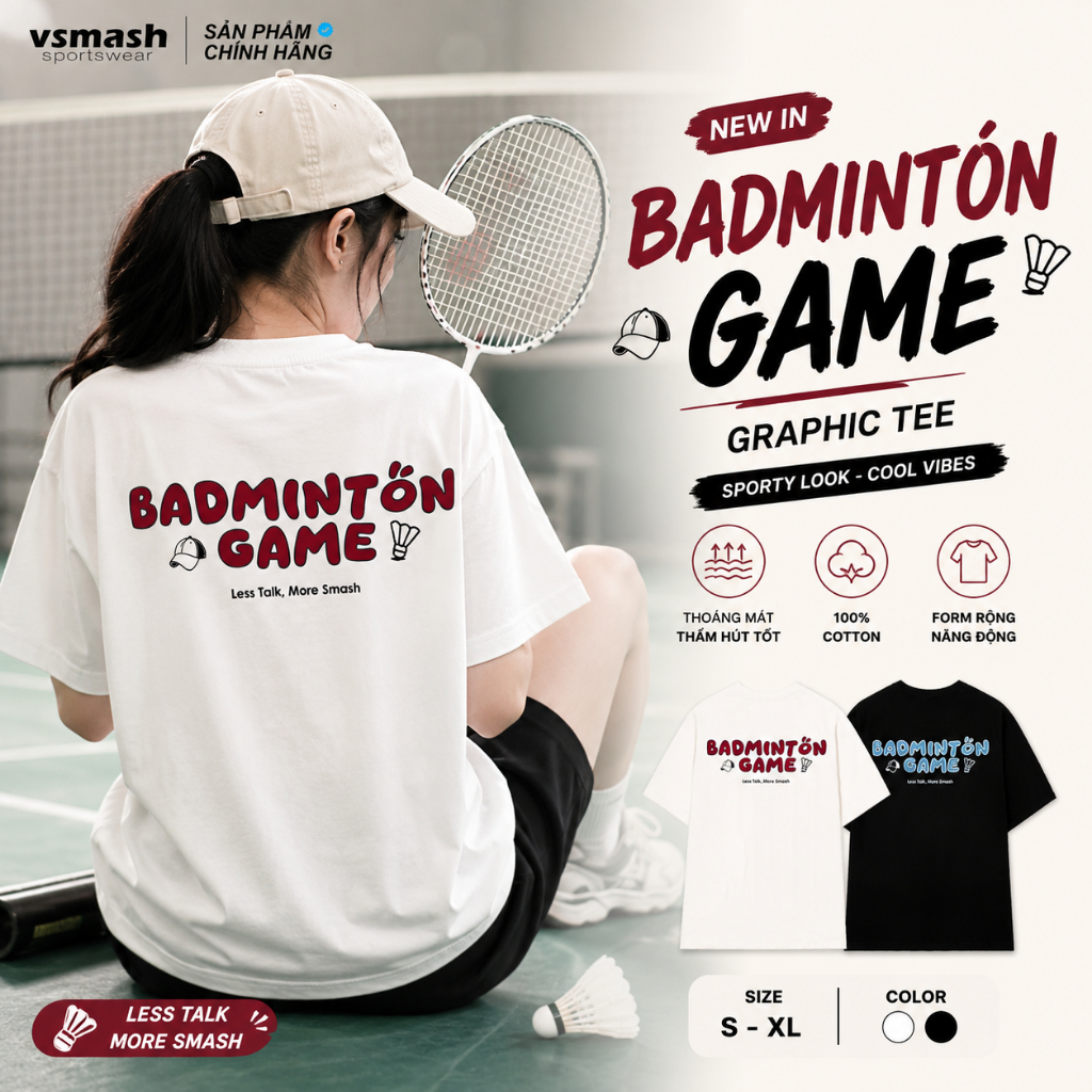Áo cầu lông SỢI BÔNG EM BÉ Thương hiệu Vsmash Sport, BADMINTON GAME | Cổ Tròn | Màu trắng - Đen Cotton Co Dãn Thoáng mát