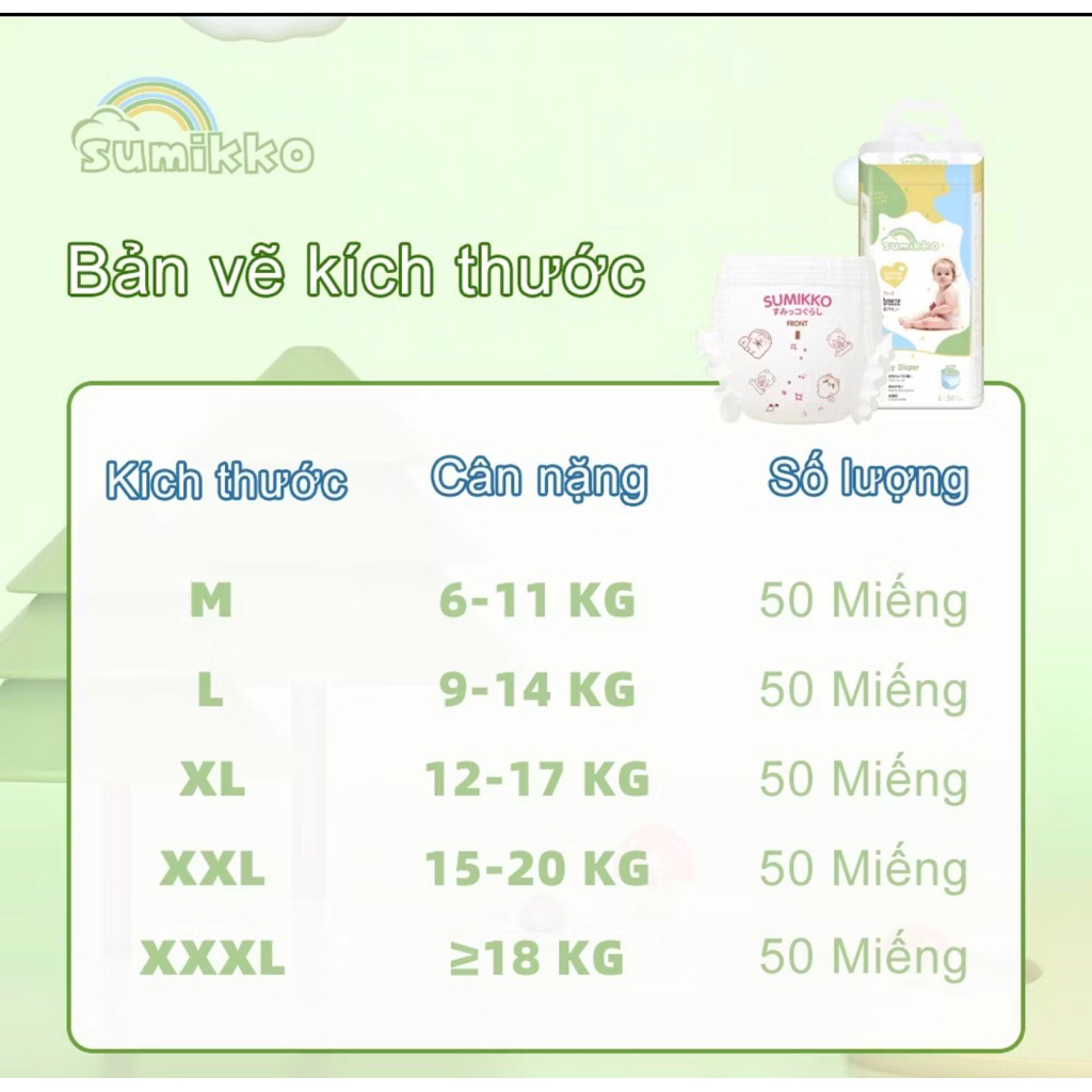 Bỉm Quần SUMIKKO Nội Địa Cao Cấp Size M/L/XL/XXL/XXXL 50 Miếng – Mỏng Nhẹ, Thấm Hút Tốt, Chống Tràn Cho Bé