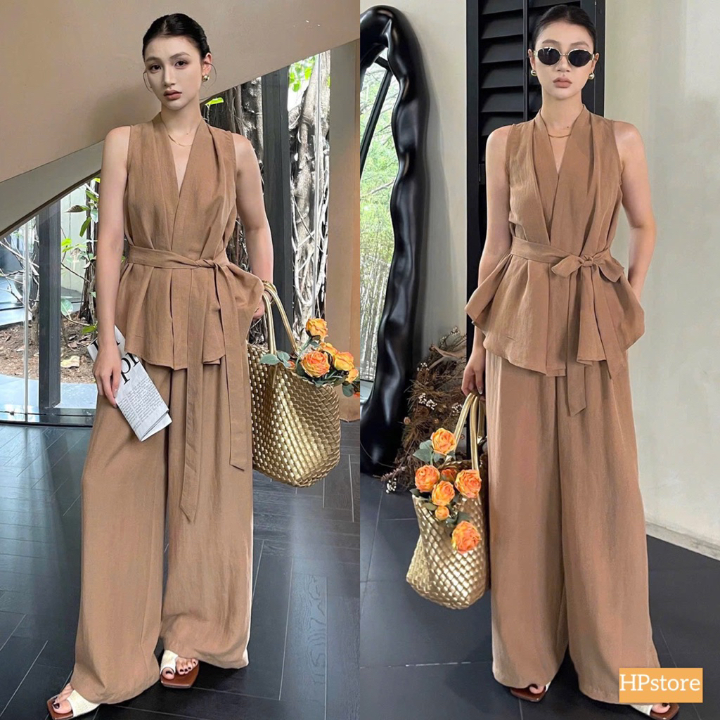 YT5- (Hoả tốc) Sét bộ đũi cổ V dáng tà nhọn kèm dây nịt thời Trầng mix quân ống rộng (40-60kg)