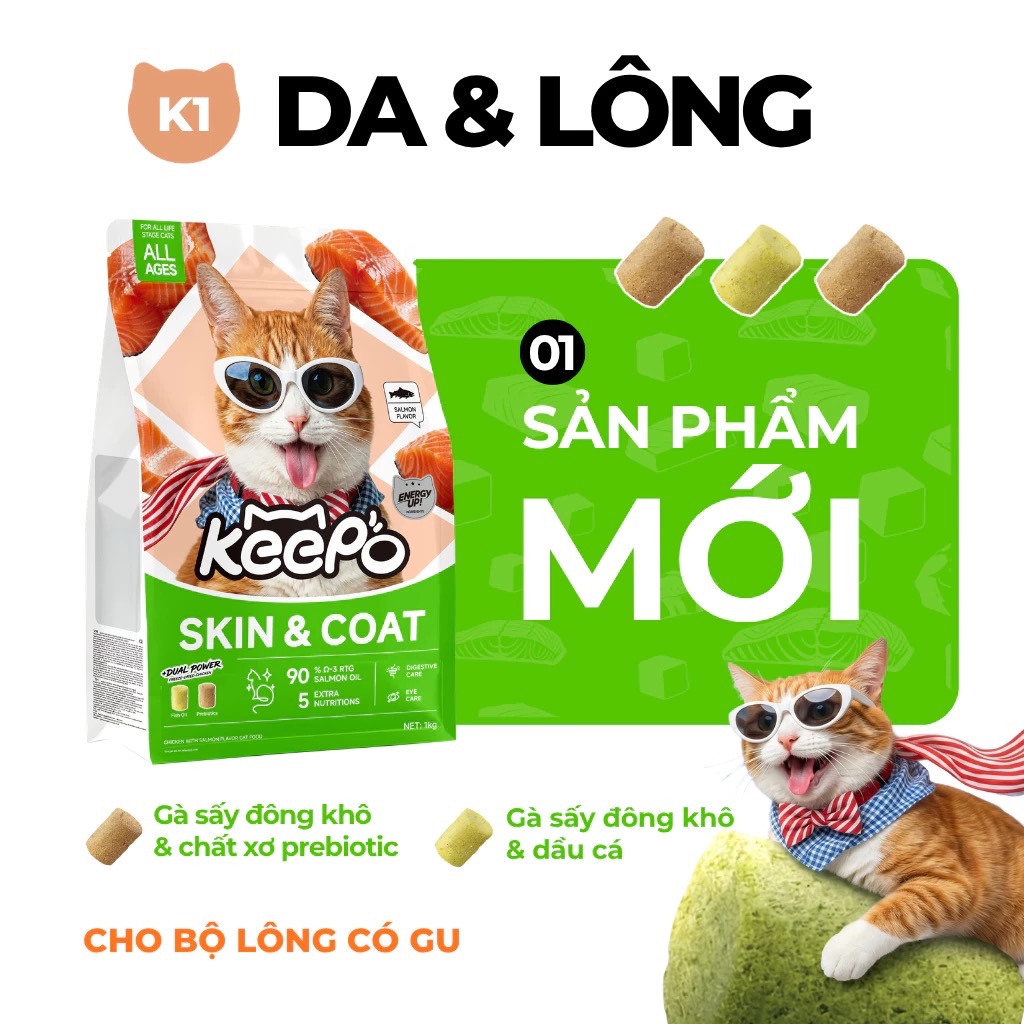 Hạt cho mèo Keepo K1 Gói 1KG Omega 3 đẹp da, mượt lông, hỗ trợ tiêu hóa, taurine duy trì thị lực