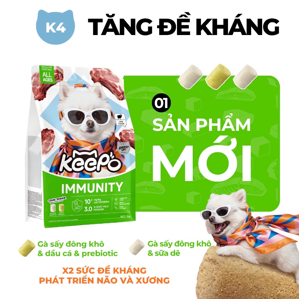 Hạt cho chó Keepo K4 Gói 1KG Sữa dê Cải thiện miễn dịch, DHA, Vitamin D3 phát triển não & xương