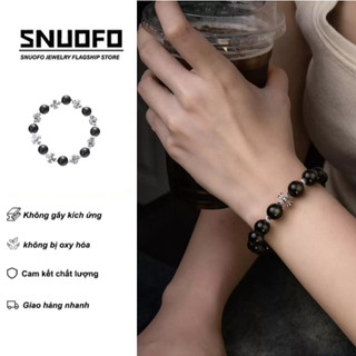 SNUOFO - Vòng tay nam nữ hợp kim đá đen phối thánh giá chuỗi hạt phong cách cổ điển thiết kế độc đáo tối giản
