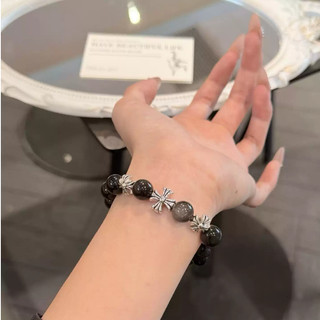 SNUOFO - Vòng tay nam nữ hợp kim đá đen phối thánh giá chuỗi hạt phong cách cổ điển thiết kế độc đáo tối giản