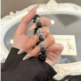 SNUOFO - Vòng tay nam nữ hợp kim đá đen phối thánh giá chuỗi hạt phong cách cổ điển thiết kế độc đáo tối giản