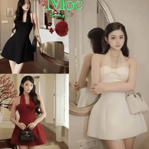 DX_ Đầm váy ngắn, đầm TK cup cổ yếm cột lưới xòe phong cách tiểu thư mặc tiệc dạo phố