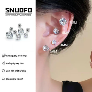 SNUOFO - Khuyên tai nam nữ thép titan đá zirconia 4 chấu sáng lấp lánh phong cách tối giản thời trang đa năng